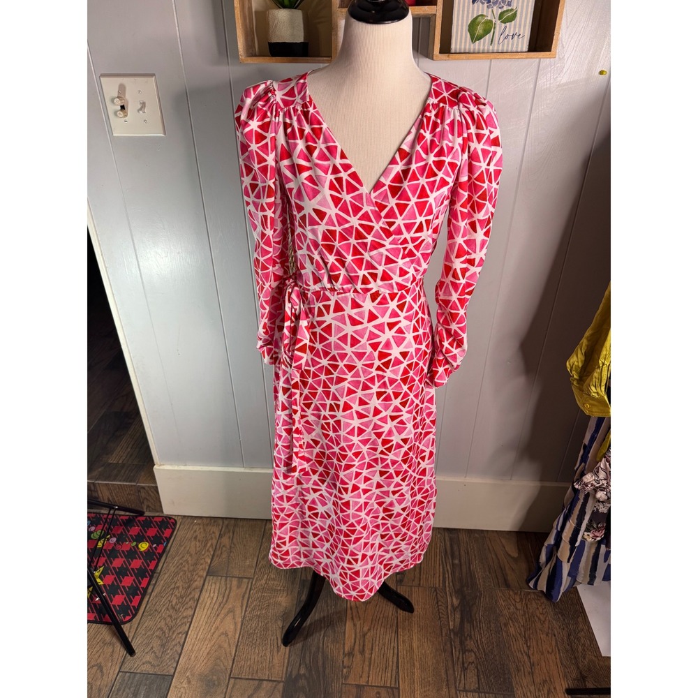 AREA STARS Pink Red Geometric Triangle Wrap Midi Dress Puff Sleeve‎ Belted M